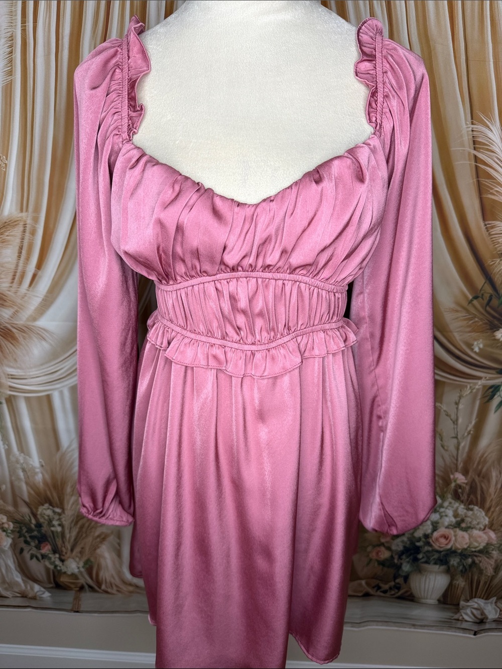Altar'd State Dusty Rose Long Sleeve Satin Ruffle Dress